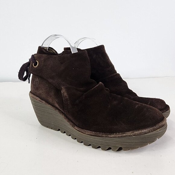 FLY London Yebi Espresso Suede Ruched Ankle Boots with Tie EU 40 US 10 Wedge - Picture 5 of 15